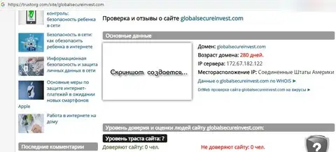 Данные о домене иллюзорной инвестиционной конторы GlobalSecureInvest на сервисе trustorg com