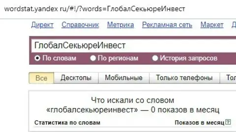 Сведения по запросу на бренд ГлобалСекьюреИнвест на русском языке в поисковой системе Yandex