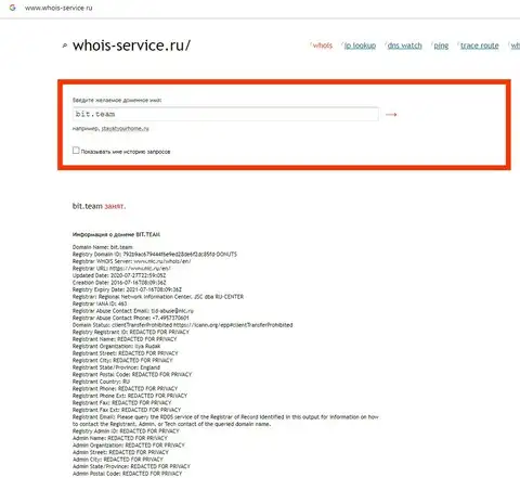 Whois-Service Ru не выявил владельца домена мошенников Бит Тим