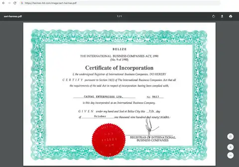 Мошеннический сертификат инкорпорации, принадлежащий Hermes-Ltd Com